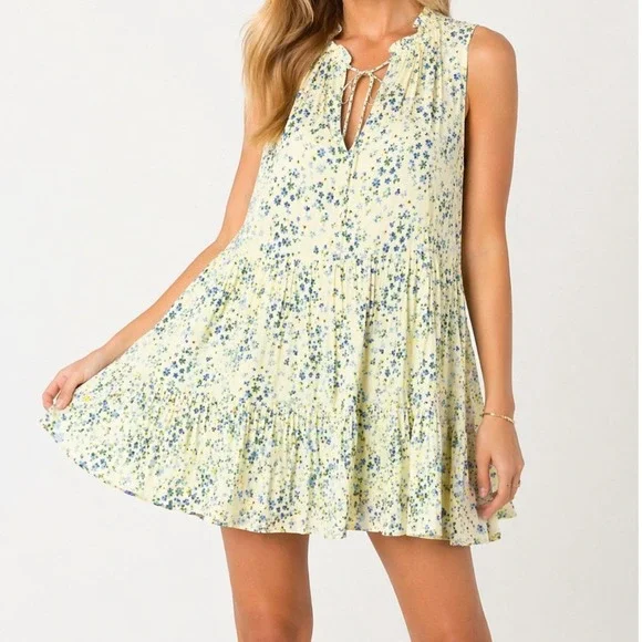AQUA Yellow Blue Floral Tiered‎ Mini Dress Ruffle Tie Neck Sleeveless Small Flaw