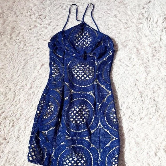 Geometric Open Knit Crotchet Medallion Lace Overlay Mini Halter Dress Girls 14