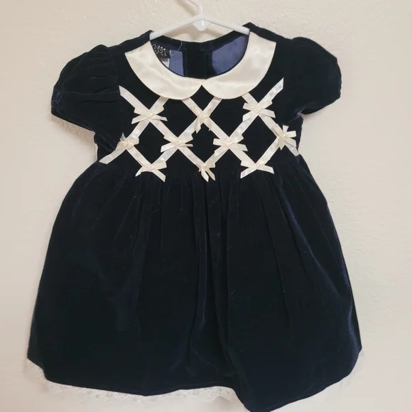 Vintage Jenny Annie Dots Navy Velvet Baby Dress with White Accents