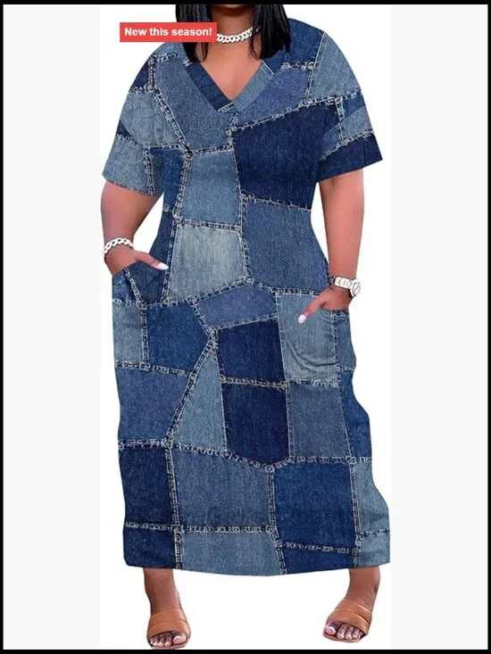 Plus Size Maxi Dress Women V-Neck Casual with Pockets