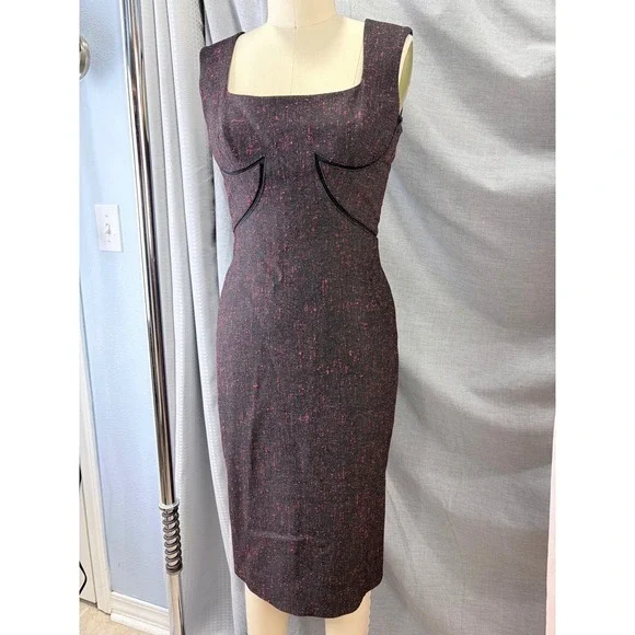 Zac Posen Red Black Wool Silk Blend Sheath Dress Square Neck Pleated Back 8‎