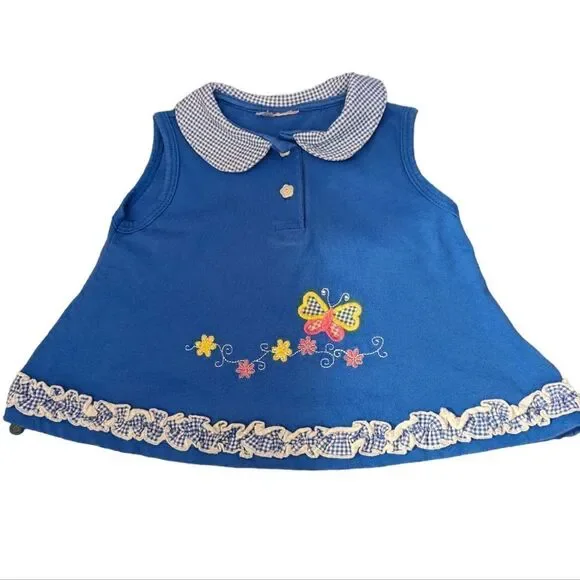 Vintage blue dress with embroidered butterfly and‎ gingham ruffle details