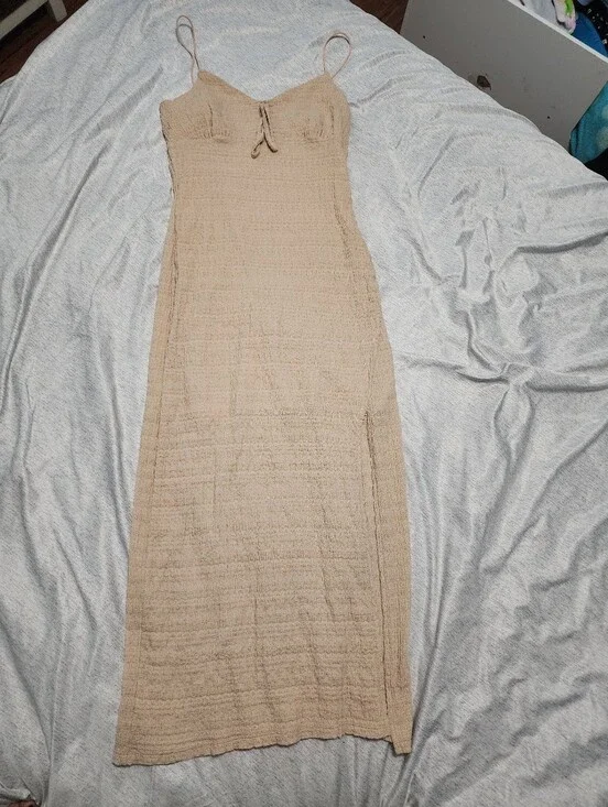 Tan Textured Spaghetti-Strap Maxi Dress