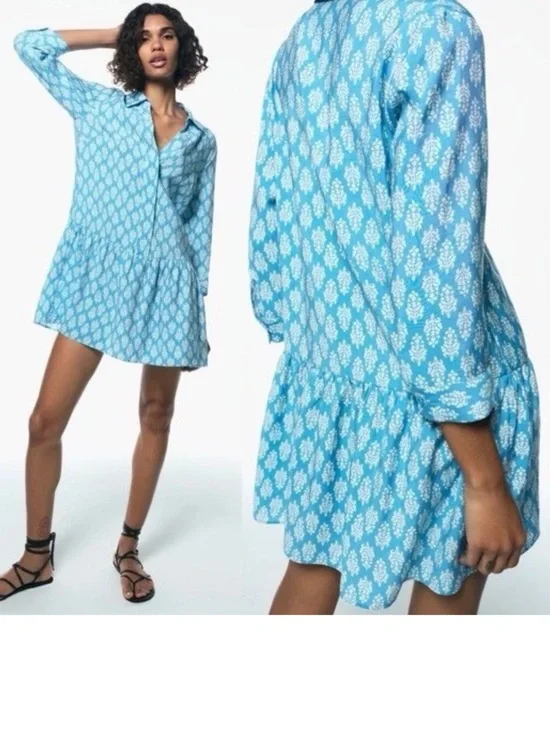 Zara Sky Blue Printed Mini Shirt Dress