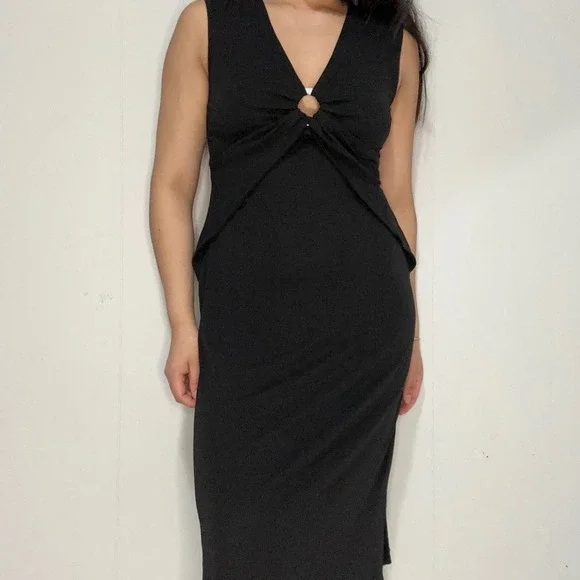 Banana Republic Black V Neck Ring Detail Sleeveless Midi Dress Women Size‎ 4