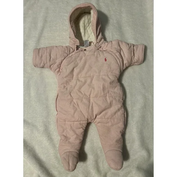 Polo‎ Ralph Lauren Baby Hooded Snowsuit Pink Sz 3 months Quilted One piece