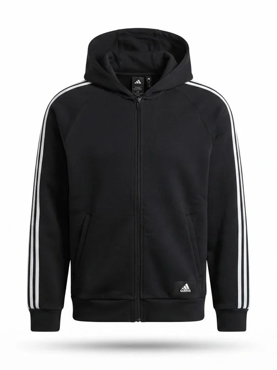adidas Black Kids Hooded Zip Jacket with White Stripes