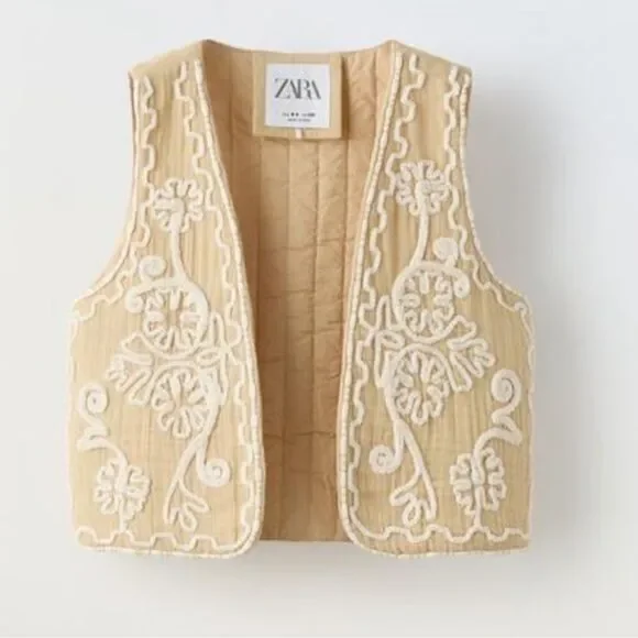 Zara Light Beige Embroidered Girls Cotton Blend Vest(Size 13-14)