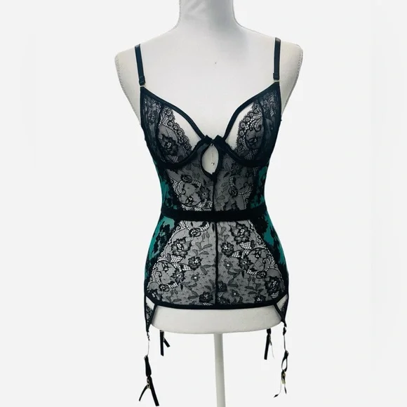 Seven Til Midnight Black Green Floral Garter Chemise Lingerie Mesh Sexy‎ Bustier