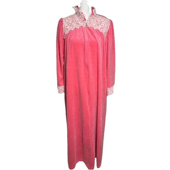 Vintage‎ Miss Elaine Pink Velour Housecoat Robe Lace Trim Womens Size L USA
