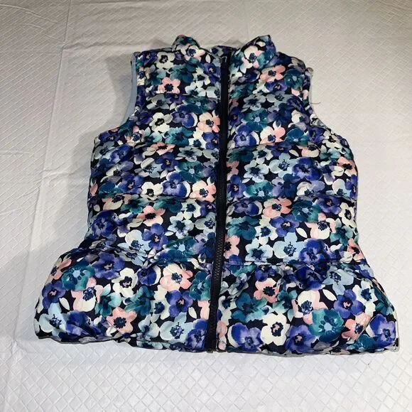 Gymboree Puffer Vest Girls Size Large 10/12 Multicolor Front‎ Zip Floral Blue