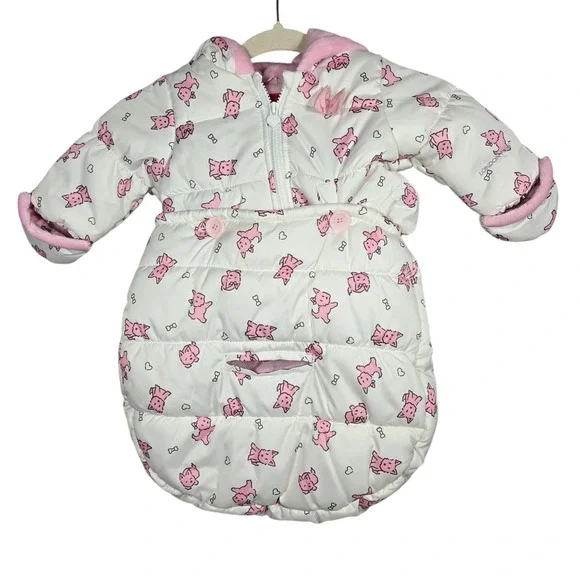 London Fog Puffer Bunting Bag Baby Girls 0-6M White Pink Dog Print Fleece Pram