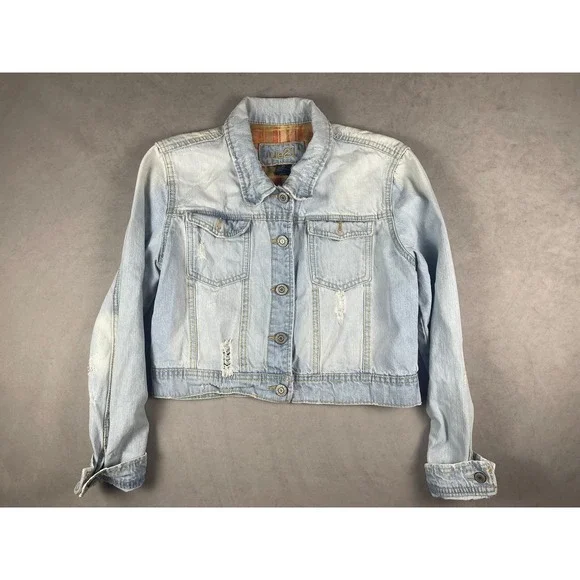 rue21 Kids XL Light Wash Distressed Cropped Denim Jacket Flannel Lined Blue‎