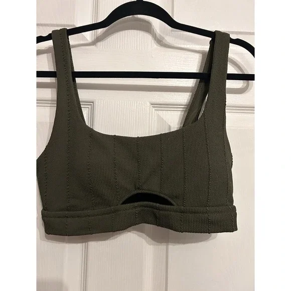 Offline‎ By Aerie Large Ribbed Sports Bra Scoop Activewear Athleisure Green Open