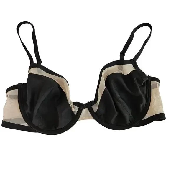 Victoria's Secret Unlined Demi Bra 34DD‎ Black Nude Mesh
