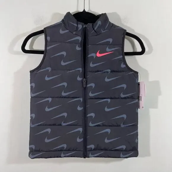Nike Girl's Grey Allover Nike Logo Full Zip Puffer Vest Size 6X NWT