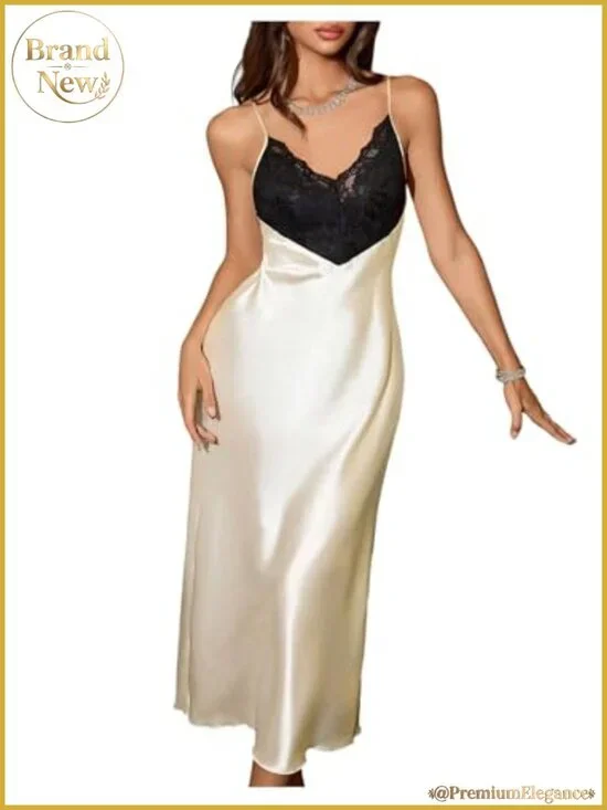 Satin Lace Nightgown Spaghetti Strap Sheer Backless Chemise Slip Dress