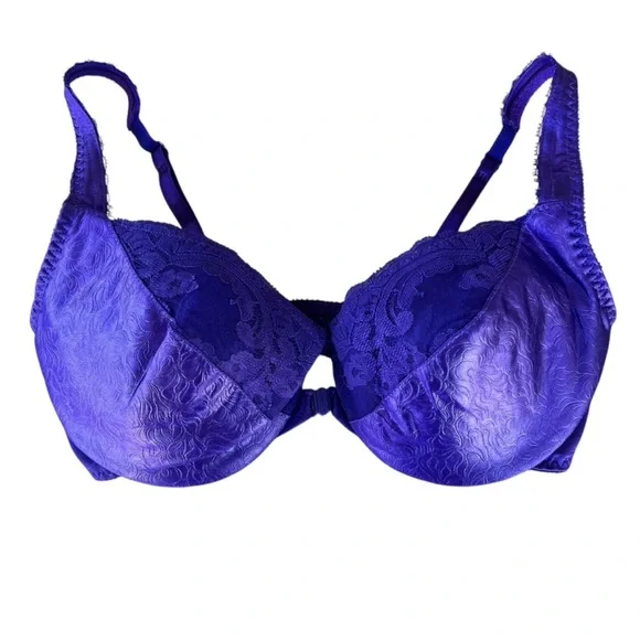 VTG Victoria’s Secret Good Label Bra Purple Jacquard Scroll Lace Front Close 80s