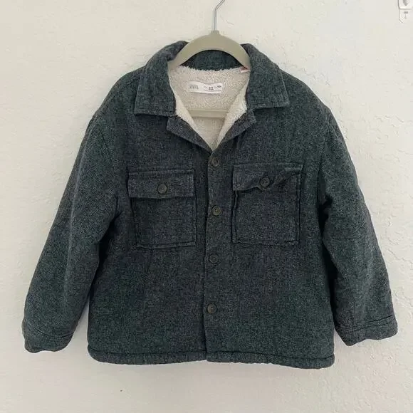 Zara Kids Blue Faux Shearling Lined Shacket Jacket Size 3/4T GUC
