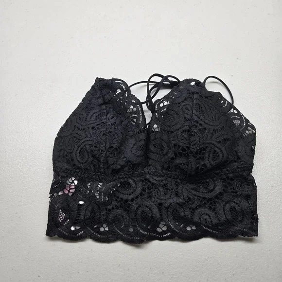 PINK Victoria's Secret Women Bra‎ XS Black Bralette Wireless Crochet Lace Strap