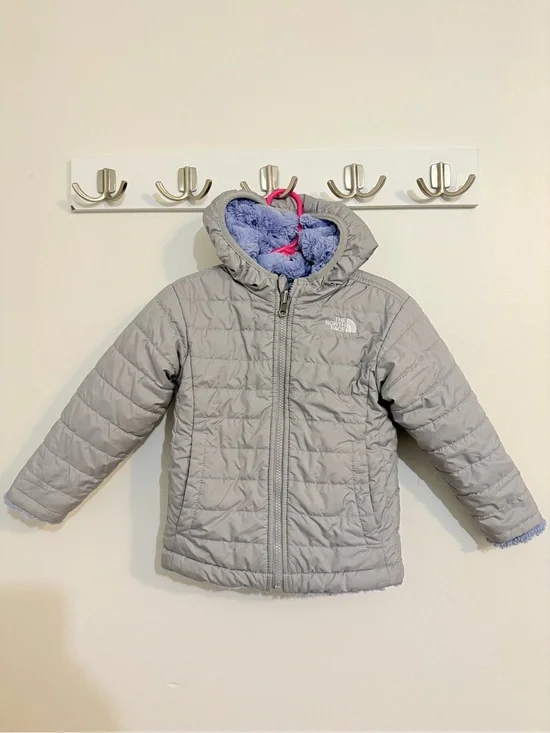The North Face Light Gray Reversible Puffer Jacket with Purple Lining