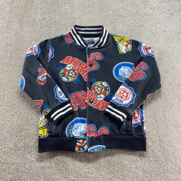 Nintendo Super Mario Bomber Jacket Boys‎ Medium Black All Over Print Varsity