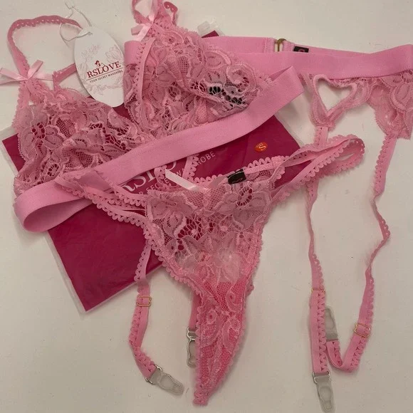 Rslove Women's‎ Three Piece Lace Lingerie Set Hearts Light Pink Small New