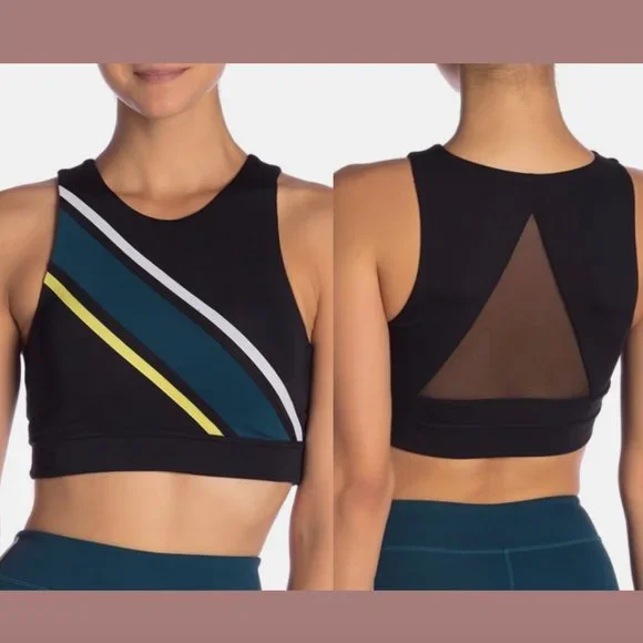 NWT Zella‎ [ Small ] High Neck Front Stripe Mesh Back Sports Bra in Black #6044