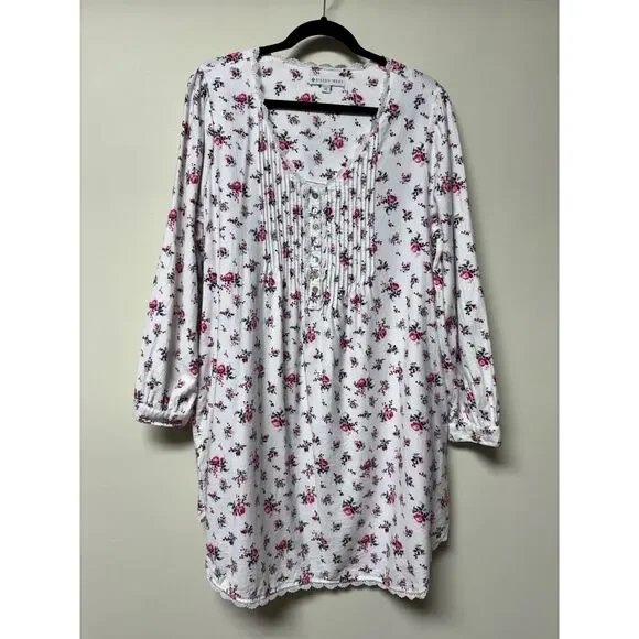 EILEEN WEST Cotton/Rayon Flannel Pintuck Lace Trim Long Sleeve Nightgown, Sz M