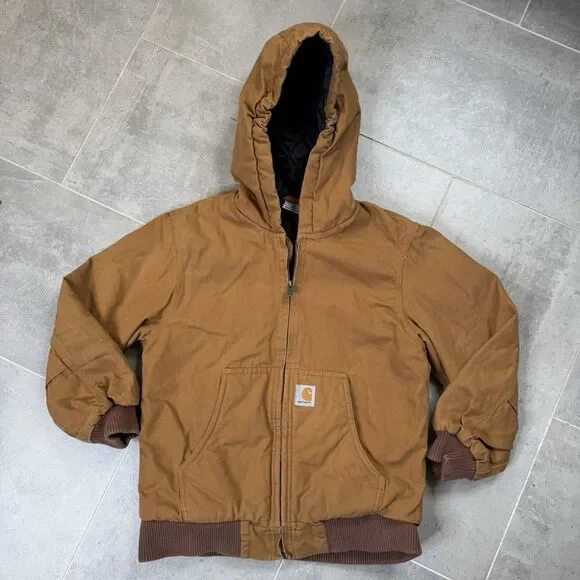 Carhartt Youth Medium 10–12 Brown Hooded Canvas Quilted Lined Jacket Coat EUC