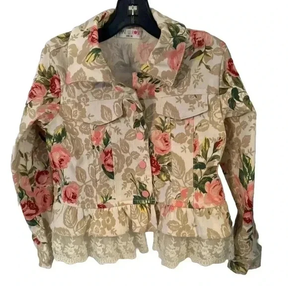 Mae Li Rose girls floral denim jacket with ivory lace trim & pink snaps size 4/5