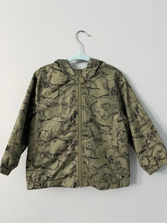Carter's Olive Green light weight windbreaker/rain coat Dinosaur Hooded Jacket