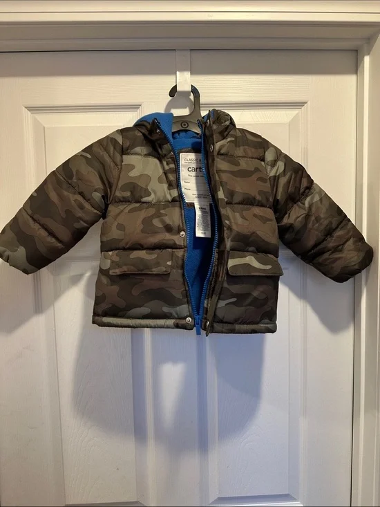Carter's Boys Camouflage Puffer Jacket with Bright Blue Liner