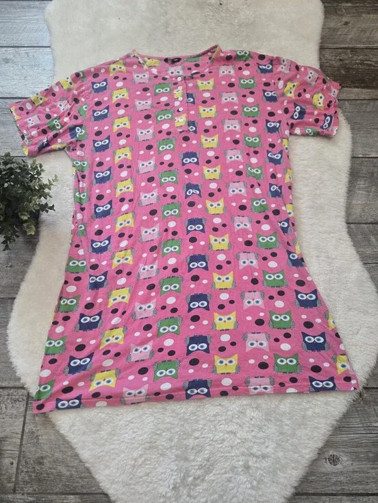 Just Love Pink Owl Cozy Casual Retro Whimsical Sleep Shirt, 2XL