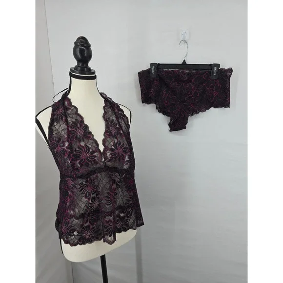 Floral Lace‎ Halter Camisole and Boyshort Panty Lingerie Set Black Magenta 1X