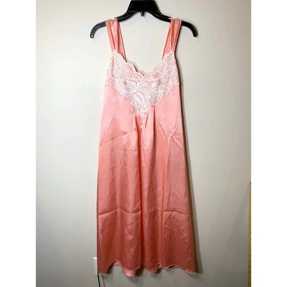 Natori‎ Chemise Nightgown Womens Small Peach Satin Slip Dress Lace Embroidered