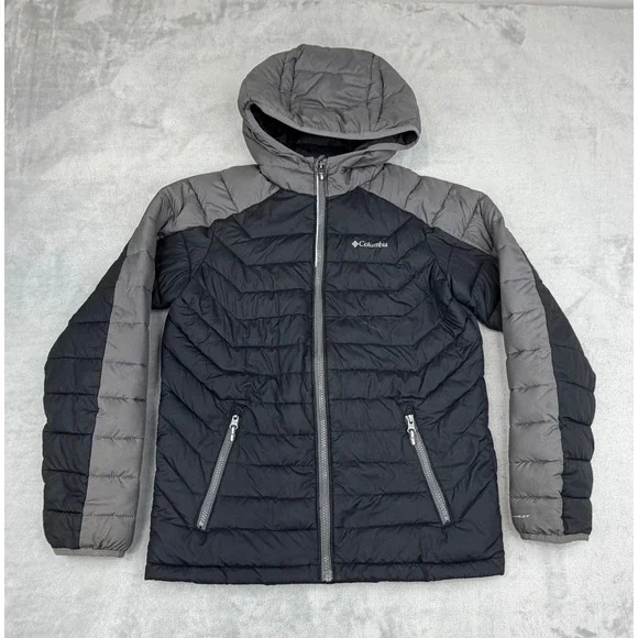 Columbia Kids Puffer Jacket OmniHeat  Large 14/16 Black Grey Hooded Quilted Coat