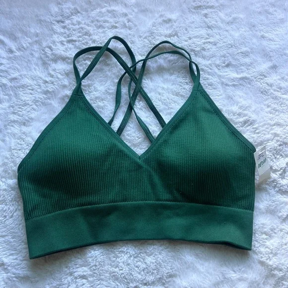 Aerie Real Good Ribbed Seamless Strappy Back Bralette Forest Green 069-2693-3278