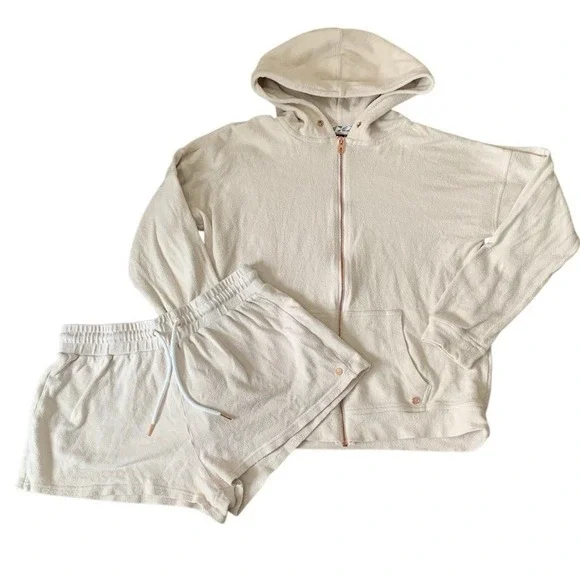 Volcom Lived In Lounge Set Women M‎ S Cream Zip Hoodie Shorts Co-ord Athleisure