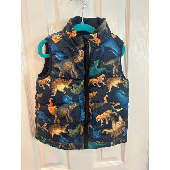 MoMoLand Puffer Vest Blue Dinosaur Tiger Print Zip Up Quilted Sleeveless Jacket‎