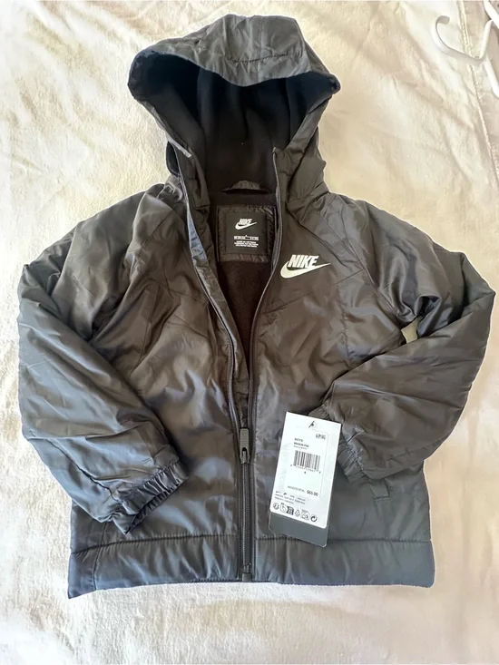 Nike Youth Black Hooded Puffer Jacket with White Swoosh