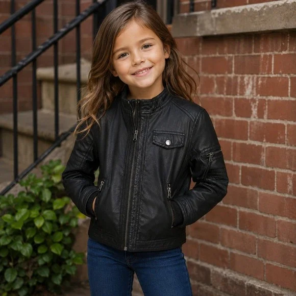 H&M Kids Black Faux Leather Sherpa Lined Moto Biker Jacket Size 6-7Y
