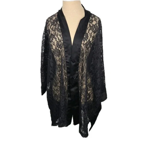 Victoria's Secret Gold Label‎ Vtg Black Satin And Lace Kimono Robe One Size