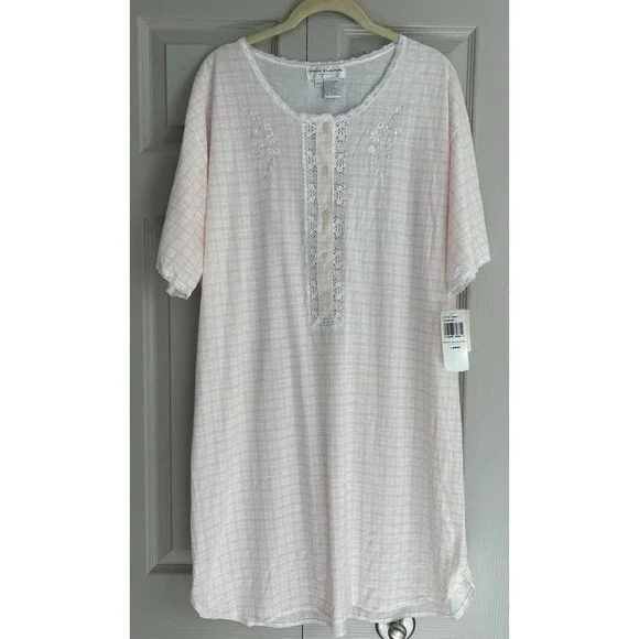NWT Vintage Miss Elaine Nightgown Large Pink Plaid Lace Shirt Sleeve CottageCore