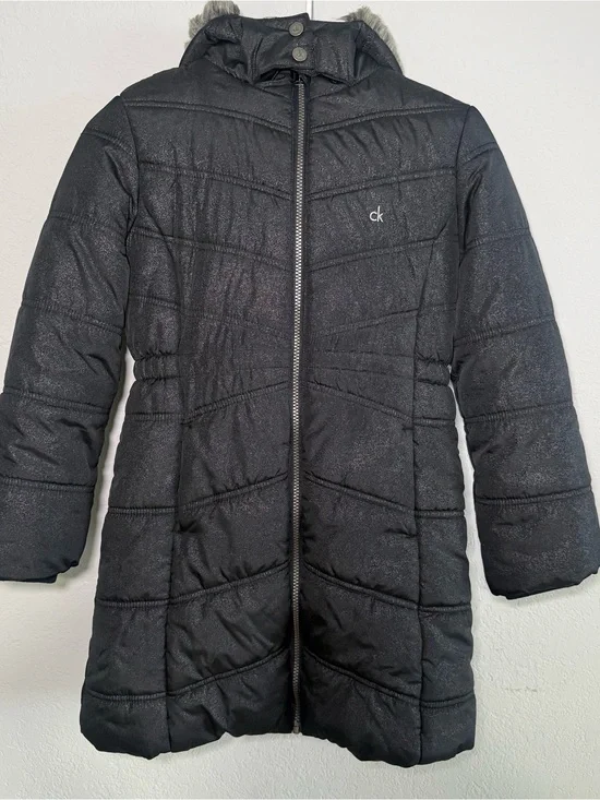 Calvin Klein Jeans Girls Size M 8/10 Black Shimmer Hooded Long Puffer Coat