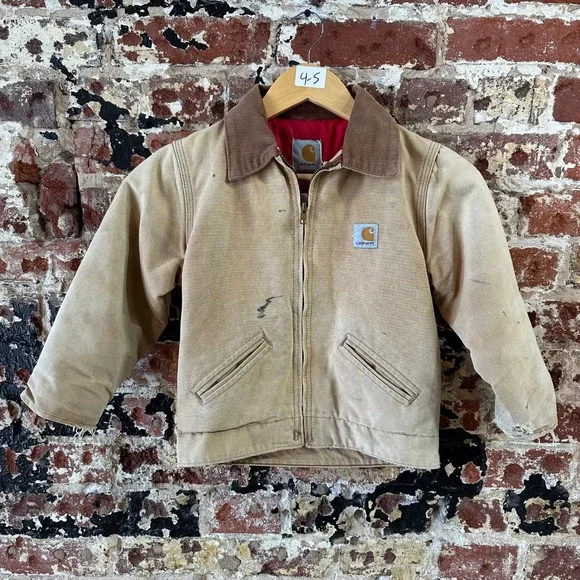 VTG Carhartt Detroit Jacket Brown Tan Lined Canvas Boys Toddler Youth 4-5