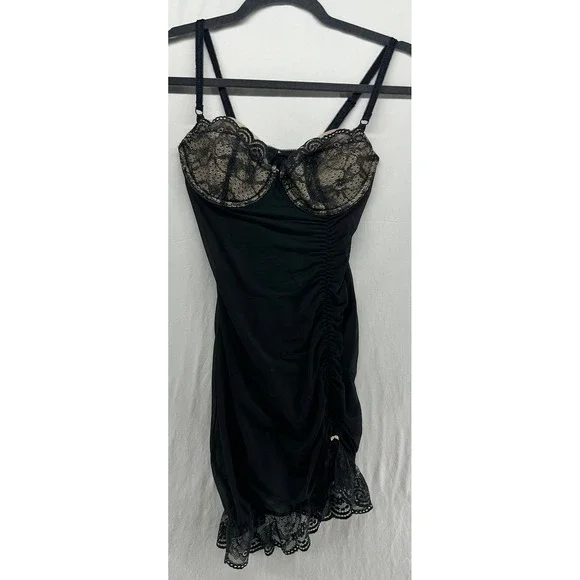 Victorias Secret Black Lace Mesh Ruched Slip Dress Underwire 34C