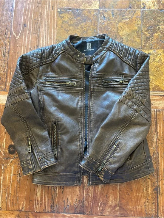 Boys Faux Leather Bomber Jacket - Brown