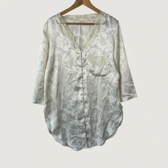 Cacique Lingerie Nightgown Large Ivory Satin Lace Floral Jacquard Coquette‎ Chic