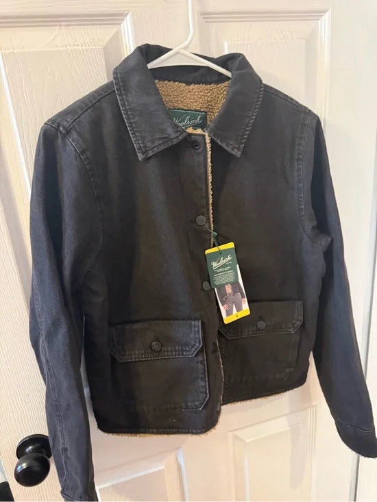 NWT Woolrich Black Denim Jacket with Sherpa Lining - Blue women’s size small